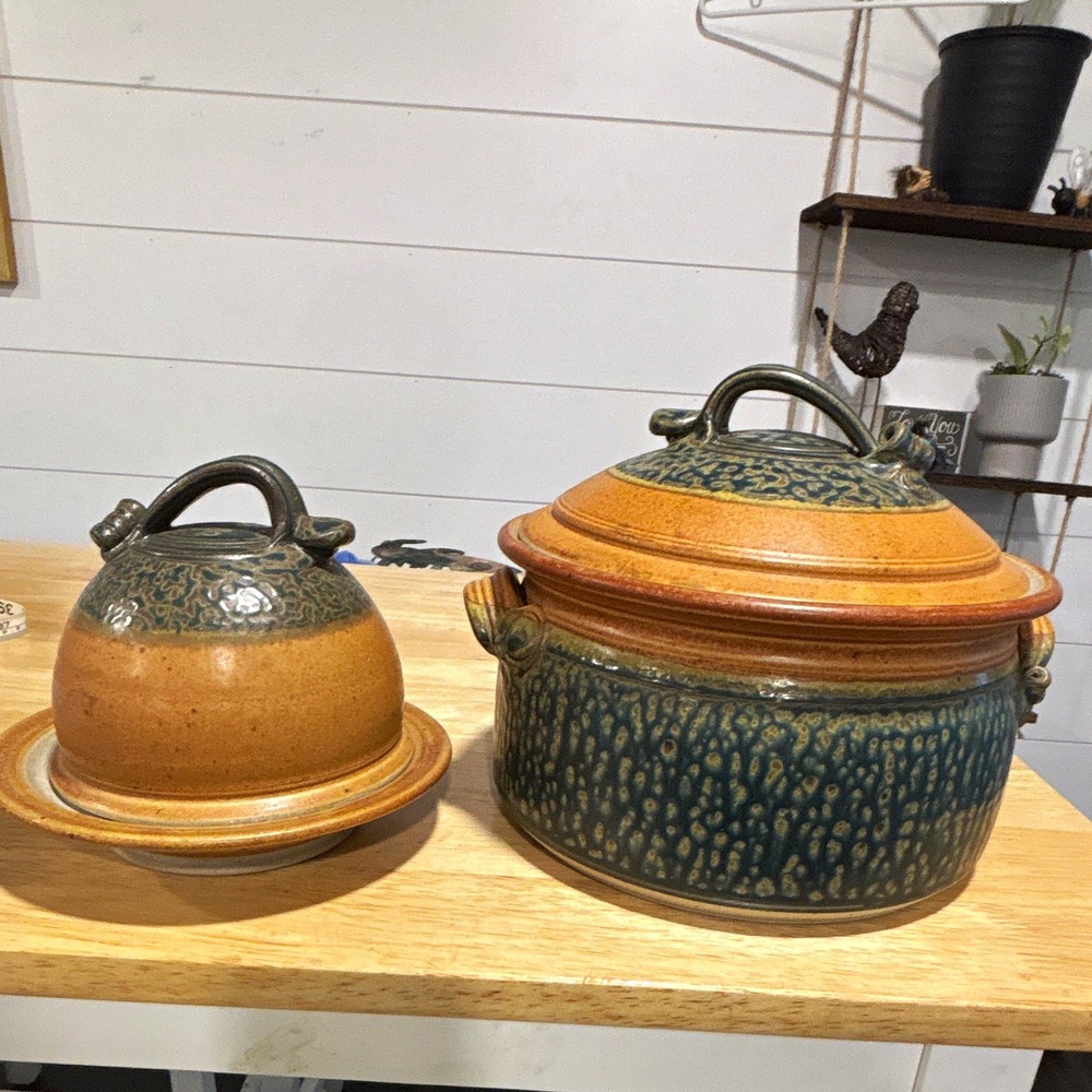 RARE Royce Yoder Studio Stoneware Ash Glaze, 2 Beautiful Serving Bowls, Blue/Tan